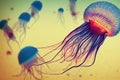 Glowing poison jellyfish floating in underwater ocean or sea. Exotic aquarium medusa creature with energy neon glowing Royalty Free Stock Photo