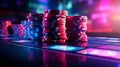 Glowing poker chips stack on minimalistic studio background with dramatic lighting, free copy space Royalty Free Stock Photo
