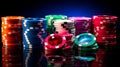 Glowing poker chips stack on minimalistic studio background with dramatic lighting, space for text Royalty Free Stock Photo