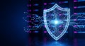 A glowing polygonal lattice provides a digital cybersecurity shield for blue data streams in a 3D se Royalty Free Stock Photo