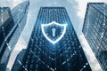 Glowing polygonal web security shield hologram on blurry city background. Digital interface and protection concept. Double Royalty Free Stock Photo