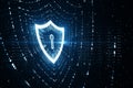 Glowing polygonal web security shield hologram on blurry wallpaper. Digital interface and protection concept. Royalty Free Stock Photo