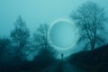 A glowing, portal, gateway on a countryside track, on a spooky, foggy, winters evening. With a blurred magical edit