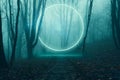 A glowing, portal, gateway floating above a track in a spooky misty winter forest, Science fiction concept Royalty Free Stock Photo