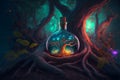 glowing potion bottle with magic tree inside on night forest ground, neural network generated art Royalty Free Stock Photo