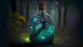glowing potion bottle with magic tree inside on night forest ground, neural network generated art Royalty Free Stock Photo
