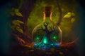 glowing potion bottle with magic tree inside on night forest ground, neural network generated art Royalty Free Stock Photo