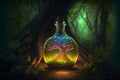 glowing potion bottle with magic tree inside on night forest ground, neural network generated art Royalty Free Stock Photo