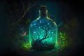 glowing potion bottle with magic tree inside on night forest ground, neural network generated art Royalty Free Stock Photo