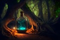 glowing potion bottle with magic tree inside on night forest ground, neural network generated art Royalty Free Stock Photo