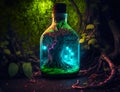 glowing potion bottle with magic tree inside on night forest ground, neural network generated art Royalty Free Stock Photo