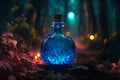 glowing potion bottle on night forest ground, neural network generated art Royalty Free Stock Photo