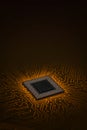 Glowing processor chip on orange circuit board background, representing artificial intelligence, energy transfer, data processing Royalty Free Stock Photo