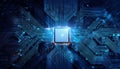 glowing processor surrounded by dynamic circuits and neural connections, showcasing advanced technology and innovation Royalty Free Stock Photo
