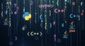 Glowing programming language logos like Python, Java, and C++ float in digital code rain Royalty Free Stock Photo