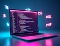 Glowing programming language logos surround a laptop displaying code technology digital Royalty Free Stock Photo