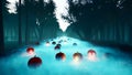 Glowing pumpkins, dark forest, Halloween celebration. Night landscape with a mystical fog, glowing a terrible pumpkins Royalty Free Stock Photo