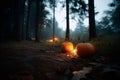 Glowing pumpkins on a forest path Royalty Free Stock Photo