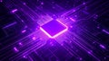 Glowing purple computer processor with circuit board lines, futuristic digital concept. Royalty Free Stock Photo