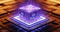 Glowing Purple CPU Microchip with Intricate Circuitry and Digital Energy processor computer Royalty Free Stock Photo