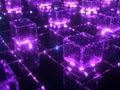 Glowing Purple Cubes, Abstract 3D Render of a Network of Interconnected Data Blocks