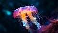 Glowing purple jellyfish swims in dark, dangerous underwater beauty generated by AI