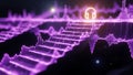 Glowing purple sound wave equalizer steps ascend toward a neon headphone icon in dark space Royalty Free Stock Photo