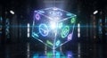 Glowing Quantum Computer Cube with Qubits and Superposition Symbols quantum computing Royalty Free Stock Photo
