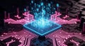 Glowing quantum processor with digital data streams flowing through circuits Royalty Free Stock Photo