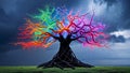 Glowing rainbow tree branches growing under cloudy sky Royalty Free Stock Photo