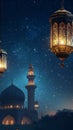 Glowing Ramadan lanterns under a stunning starry background, peaceful night scene, extra space reserved for text Royalty Free Stock Photo