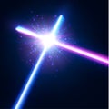 Glowing rays in space. Crossing laser sabers war. Royalty Free Stock Photo