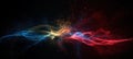Glowing red and blue particles of light and matter colliding and merging. Generative AI