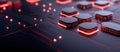 Glowing red circuit board with futuristic hexagonal components and digital connections