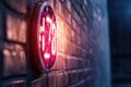 Glowing red digital clock on brick wall in urban night scene Royalty Free Stock Photo