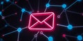 A glowing red email icon surrounded by interconnected blue nodes on a black background design Royalty Free Stock Photo