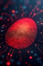 Glowing red fingerprint digital ID. Biometric security system. Cybersecurity tech concept. Privacy protection. Data encryption.