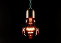 Glowing red incandescent lamp on a black background. On a twisted wire. 3D rendering and 3D illustration Royalty Free Stock Photo