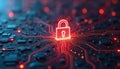 Glowing red lock on abstract futuristic tech background. Secure locked data concept, cybersecurity network protection. Digital