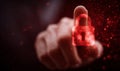 A glowing red lock icon with a finger pointing towards it, symbolizing security in a digital environment Royalty Free Stock Photo