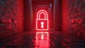 Glowing red lock with keyhole on brick wall. Represents protect digital cyber safety. Security tech for network, safe password Royalty Free Stock Photo