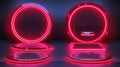 A glowing red neon game portal in a realistic modern illustration set. A futuristic teleport podium with beams for a GUI