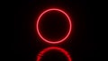 Glowing red neon light circle with distorted reflection on black background. Creative design concept. 3D rendered image.