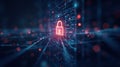 Glowing red padlock with binary code and digital matrix background symbolizing cybersecurity threat Royalty Free Stock Photo