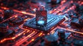 A glowing red padlock on a digital circuit board, representing strong cybersecurity measures in information technology