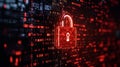 A glowing red padlock symbol on a digital background of binary code representing data security digital privacy and secure Royalty Free Stock Photo