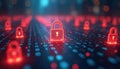 Glowing red padlocks floating above binary code. Visual represents cybersecurity data protection and digital security. Digital Royalty Free Stock Photo