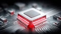 Glowing red processor on a circuit board, showcasing technology and digital innovation. Royalty Free Stock Photo
