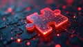 Glowing red puzzle piece on circuit board. Microservices integration concept. Modern tech infrastructure. Circuit patterns in Royalty Free Stock Photo