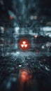 Glowing red radiation hazard symbol on digital futuristic interface with blurred background and light effects Royalty Free Stock Photo